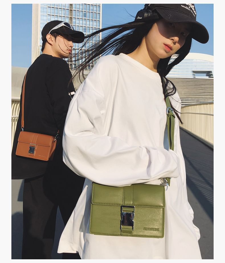 Plain Buckled Crossbody Leather Bag Faux Flap