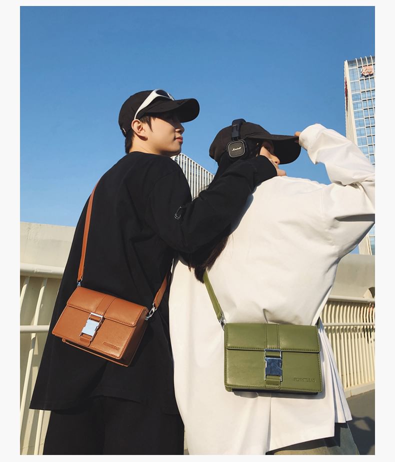 Plain Buckled Crossbody Leather Bag Faux Flap