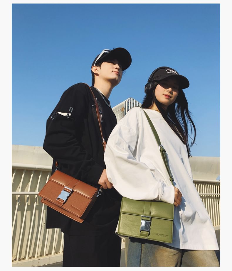 Plain Buckled Crossbody Leather Bag Faux Flap