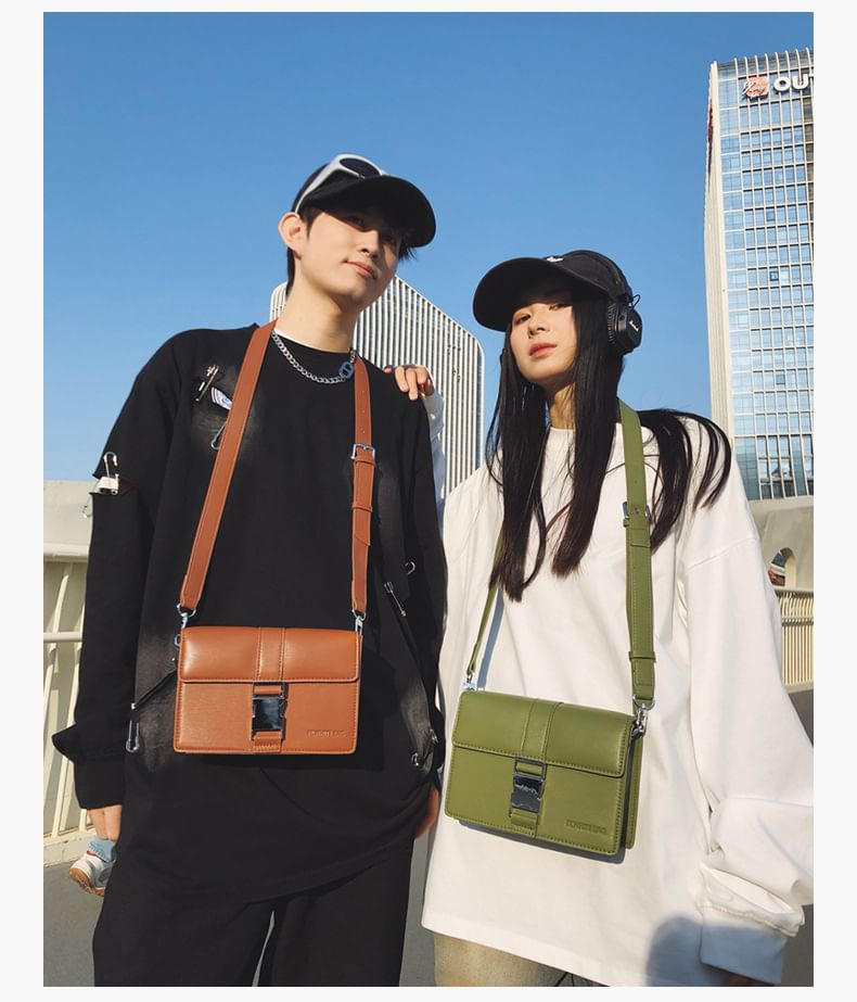 Plain Buckled Crossbody Leather Bag Faux Flap