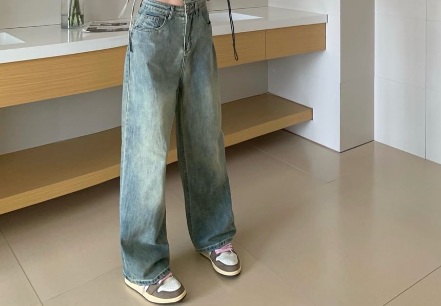Washed Jeans High Leg Waist Wide