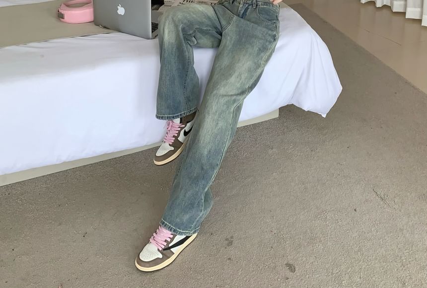 Washed Jeans High Leg Waist Wide