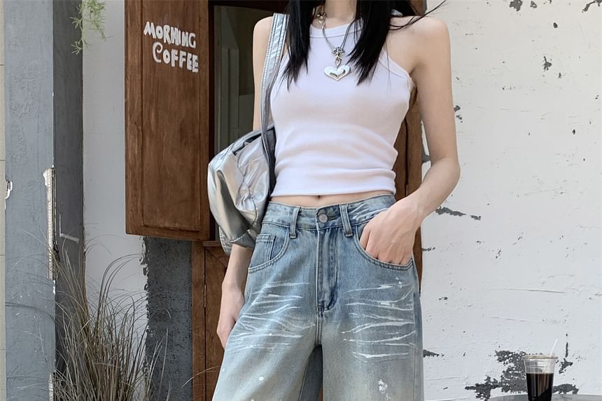 Waist Jeans Leg Wide Ripped Washed High