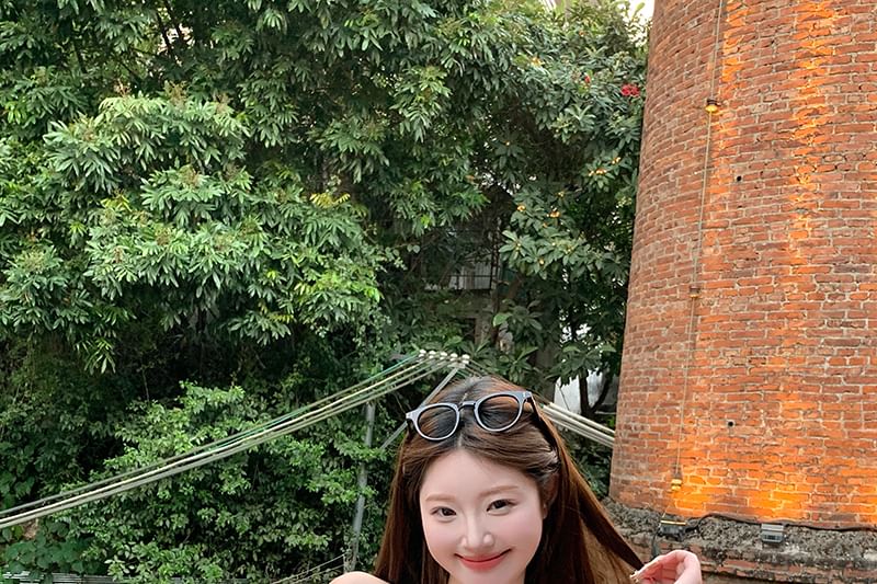 Top Bow Back Peplum Halter Plain / Blouse Open Puff-Sleeve