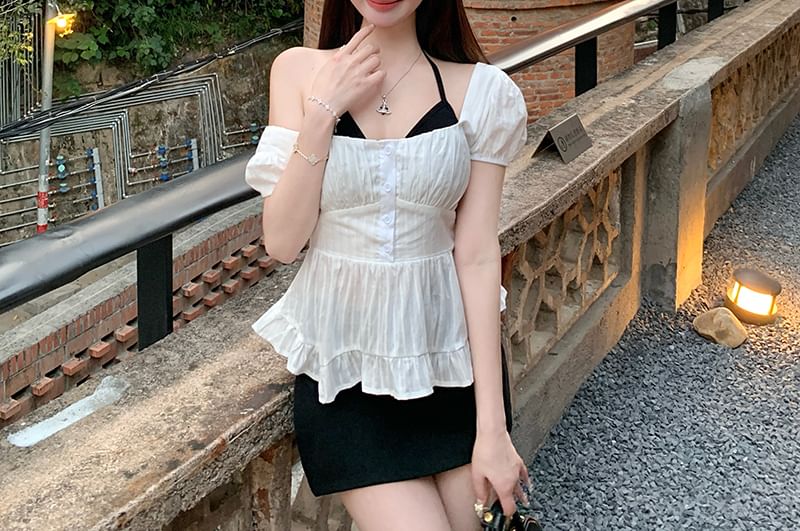 Top Bow Back Peplum Halter Plain / Blouse Open Puff-Sleeve