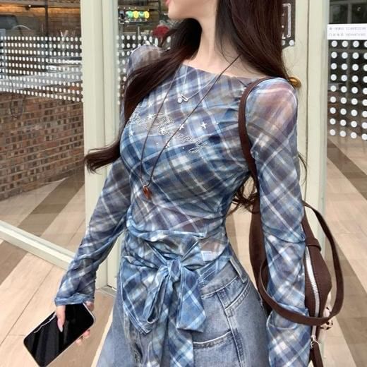 Long-Sleeve Sheer T-Shirt Asymmetrical Neck Plaid Boat