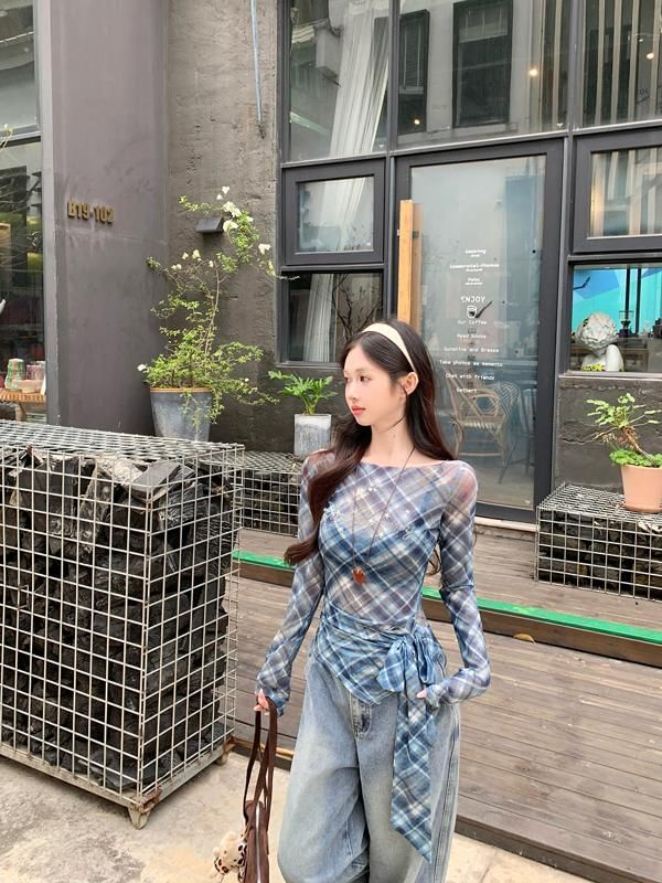 Long-Sleeve Sheer T-Shirt Asymmetrical Neck Plaid Boat