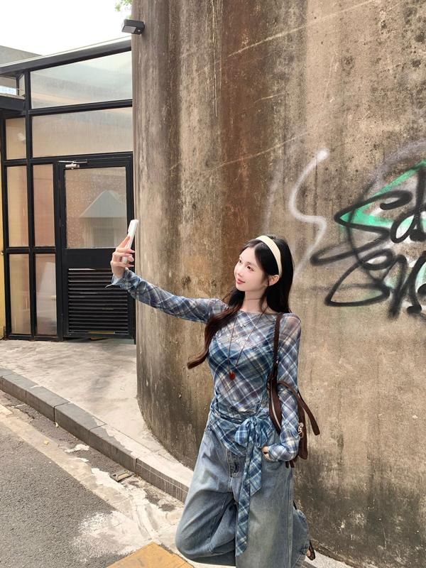 Long-Sleeve Sheer T-Shirt Asymmetrical Neck Plaid Boat