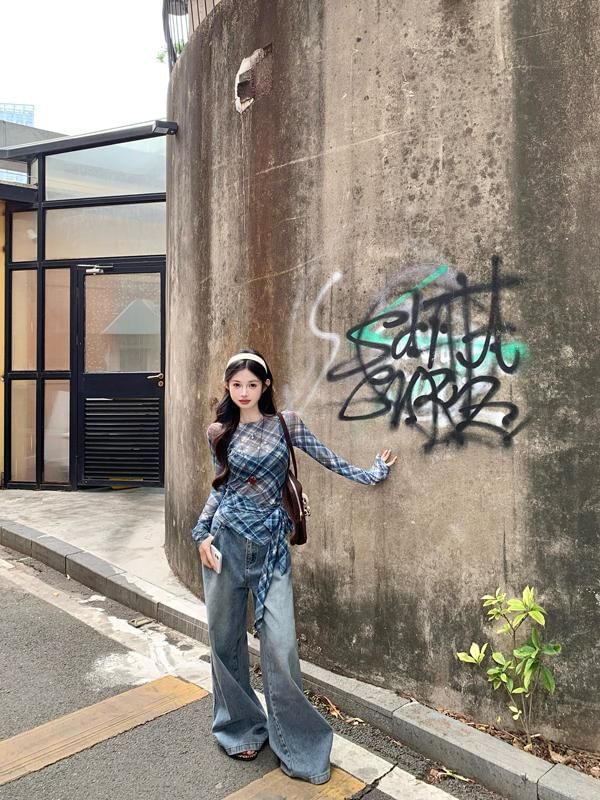 Long-Sleeve Sheer T-Shirt Asymmetrical Neck Plaid Boat