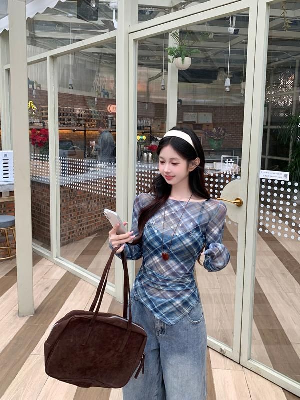Long-Sleeve Sheer T-Shirt Asymmetrical Neck Plaid Boat