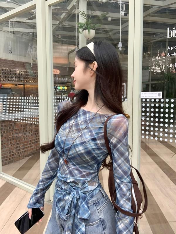 Long-Sleeve Sheer T-Shirt Asymmetrical Neck Plaid Boat