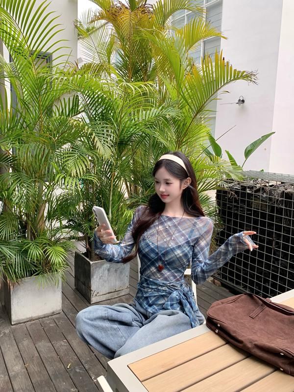 Long-Sleeve Sheer T-Shirt Asymmetrical Neck Plaid Boat