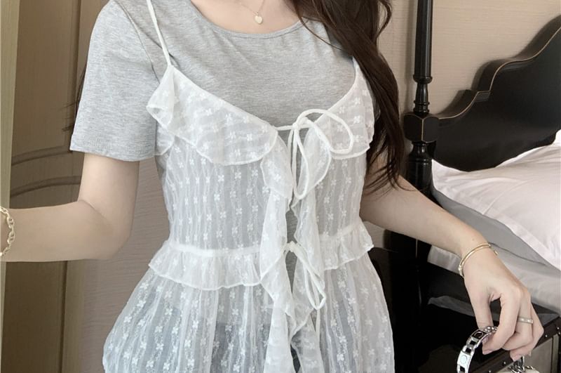 Ruffle Floral + Top Set: Tee Neck Short-Sleeve Crew Sheer Cami Plain