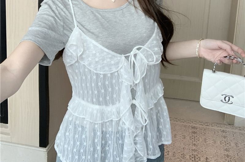 Ruffle Floral + Top Set: Tee Neck Short-Sleeve Crew Sheer Cami Plain