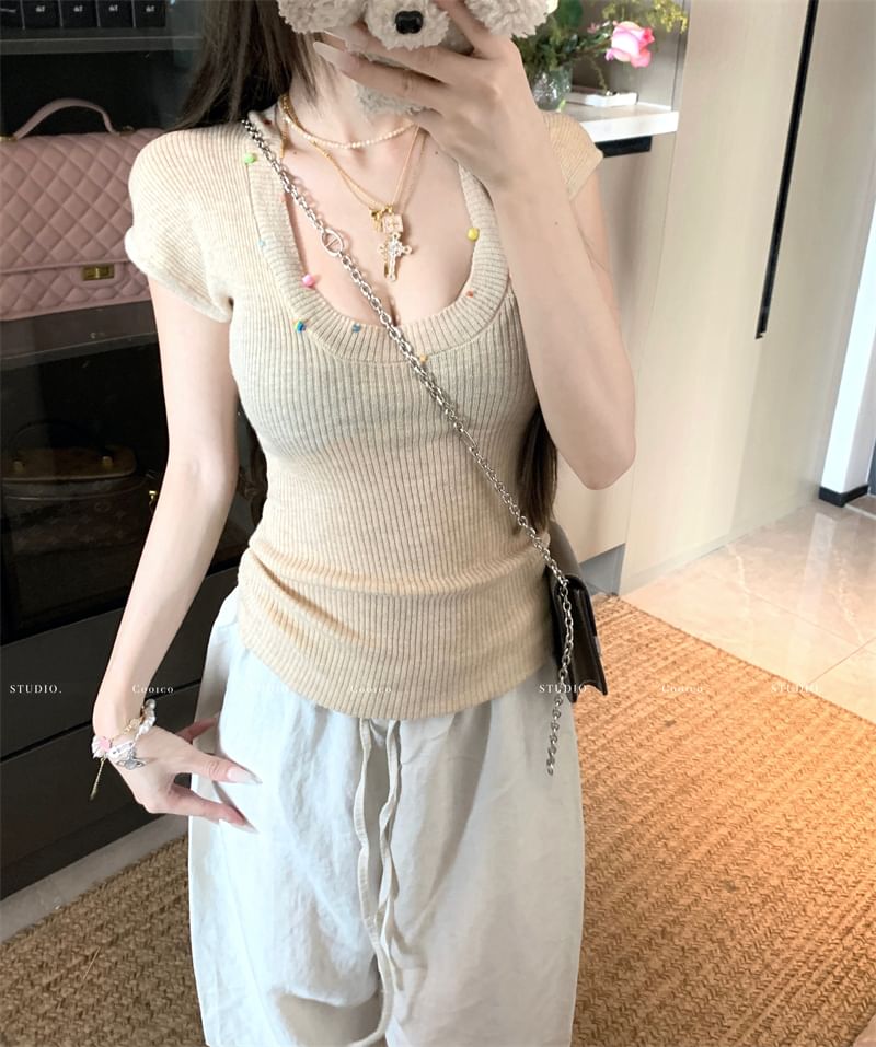 Neck T-Shirt Beaded Plain Scoop Sheer Short-Sleeve