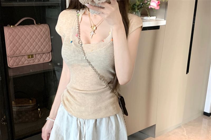 Neck T-Shirt Beaded Plain Scoop Sheer Short-Sleeve