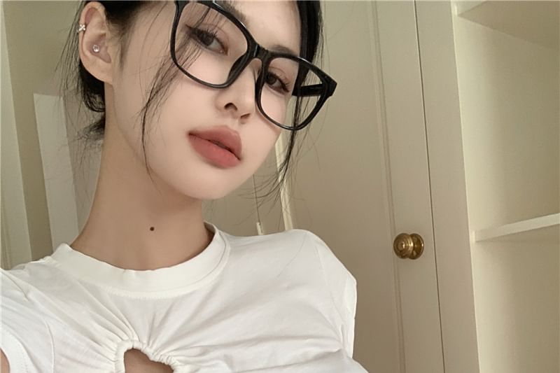 Cutout Plain T-Shirt Short-Sleeve Cropped Neck Crew