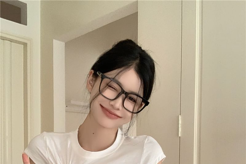 Cutout Plain T-Shirt Short-Sleeve Cropped Neck Crew