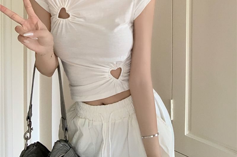 Cutout Plain T-Shirt Short-Sleeve Cropped Neck Crew