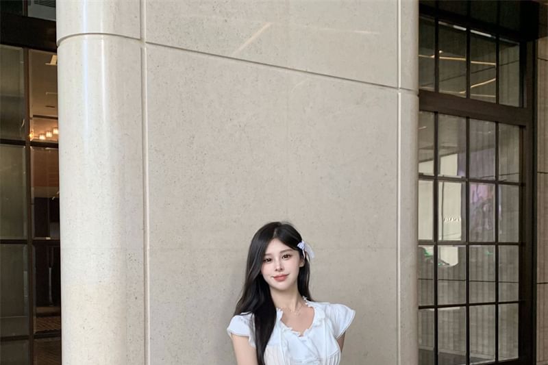 T-Shirt Plain Ruffle Lace Cap-Sleeve Trim