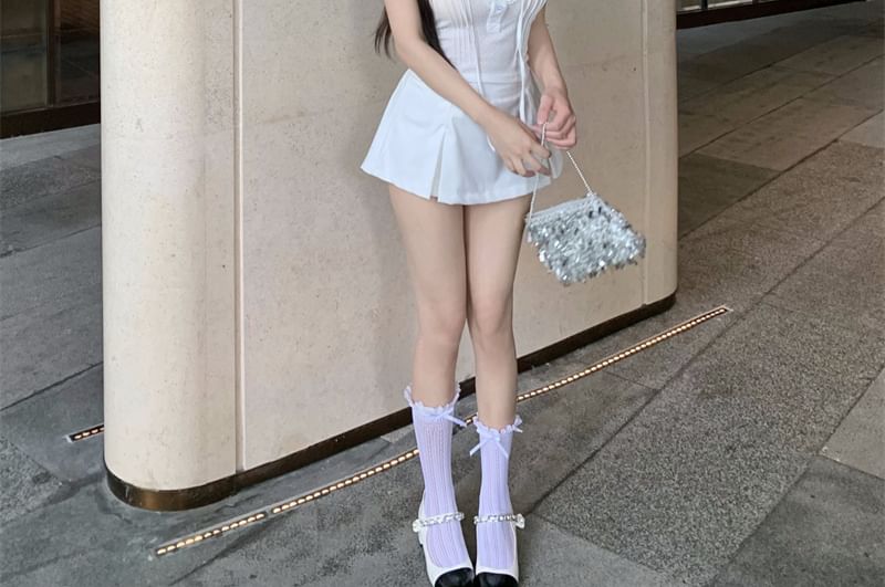 T-Shirt Plain Ruffle Lace Cap-Sleeve Trim