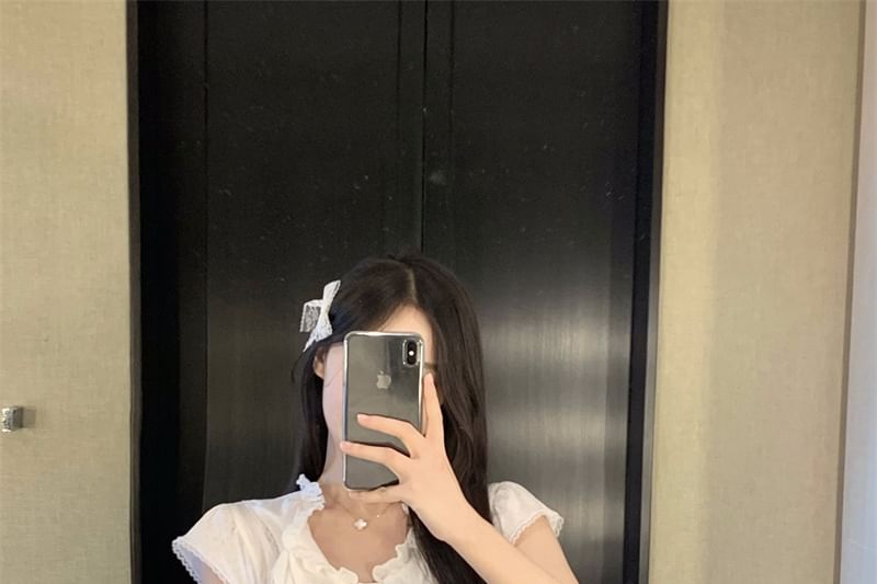 T-Shirt Plain Ruffle Lace Cap-Sleeve Trim