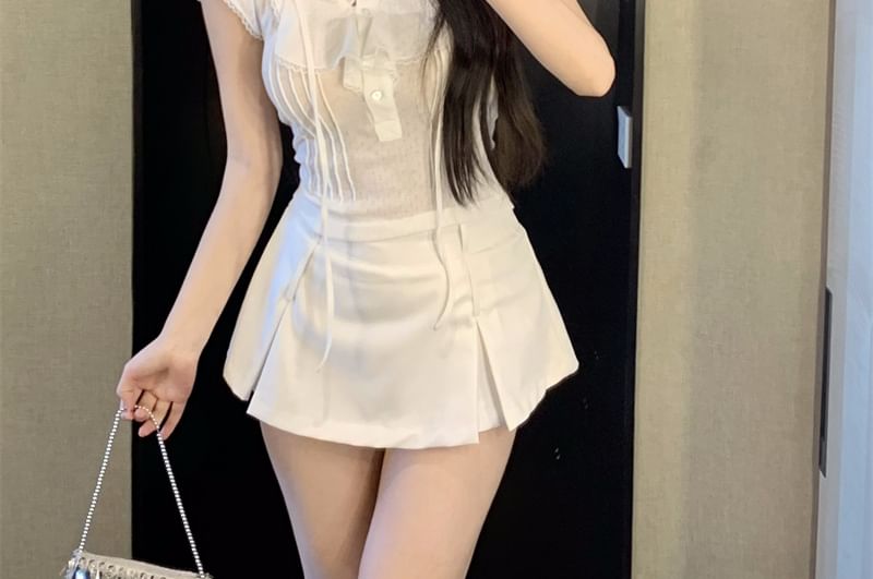 T-Shirt Plain Ruffle Lace Cap-Sleeve Trim