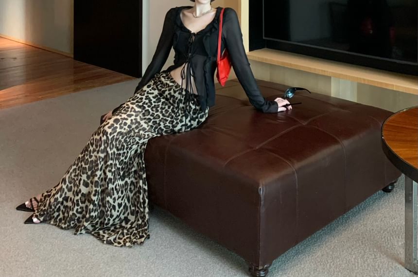Waist Maxi Plain Leopard Sheer / Top Long-Sleeve Mermaid Front-Slit Skirt High Print