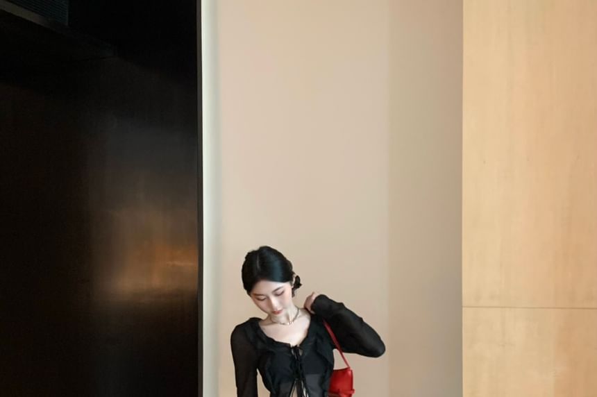 Waist Maxi Plain Leopard Sheer / Top Long-Sleeve Mermaid Front-Slit Skirt High Print