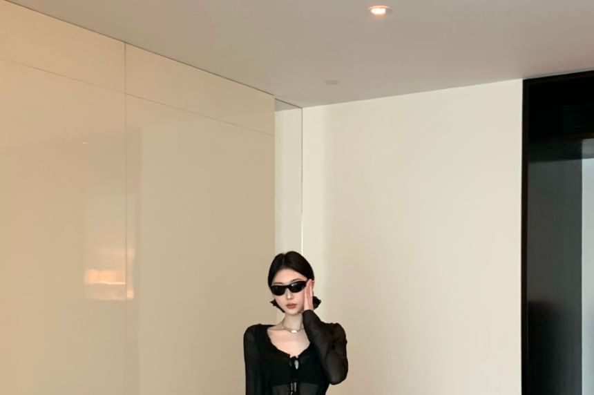 Waist Maxi Plain Leopard Sheer / Top Long-Sleeve Mermaid Front-Slit Skirt High Print