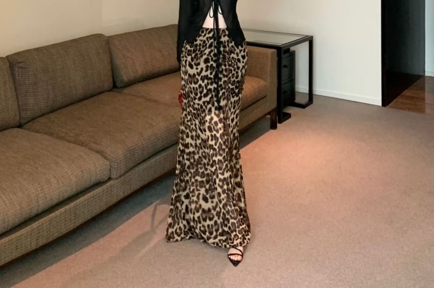 Waist Maxi Plain Leopard Sheer / Top Long-Sleeve Mermaid Front-Slit Skirt High Print
