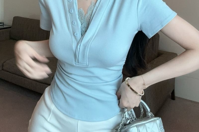 Short-Sleeve Trim T-Shirt Plain V-Neck Ruched Lace