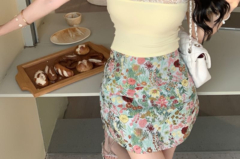 Tee Short-Sleeve Mini Off-Shoulder Pencil Trim Rise Plain Lace / Floral Skirt High