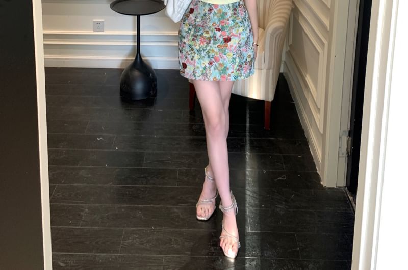 Tee Short-Sleeve Mini Off-Shoulder Pencil Trim Rise Plain Lace / Floral Skirt High