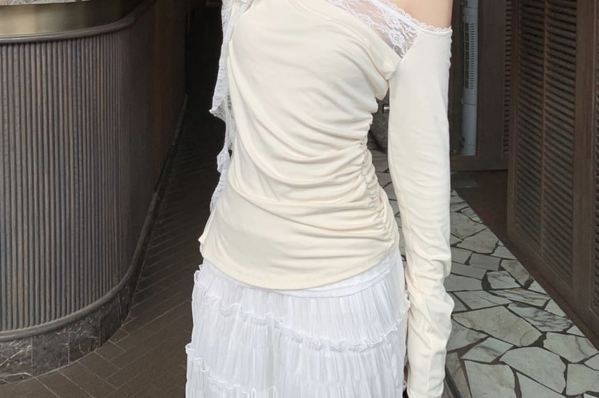 Skirt Maxi Lace A-Line / Trim High Long-Sleeve Rise One-Shoulder Ruched Tee Plain Asymmetrical