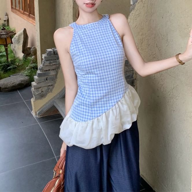 Wide High Plaid Asymmetrical / Leg Panel Washed Waist Cami Jeans Top