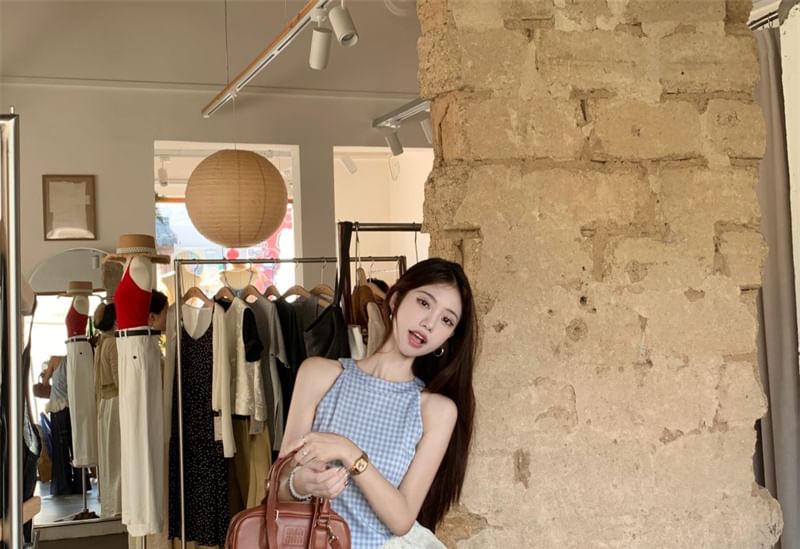 Wide High Plaid Asymmetrical / Leg Panel Washed Waist Cami Jeans Top
