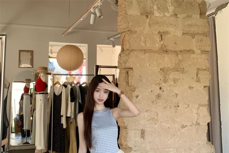 Wide High Plaid Asymmetrical / Leg Panel Washed Waist Cami Jeans Top