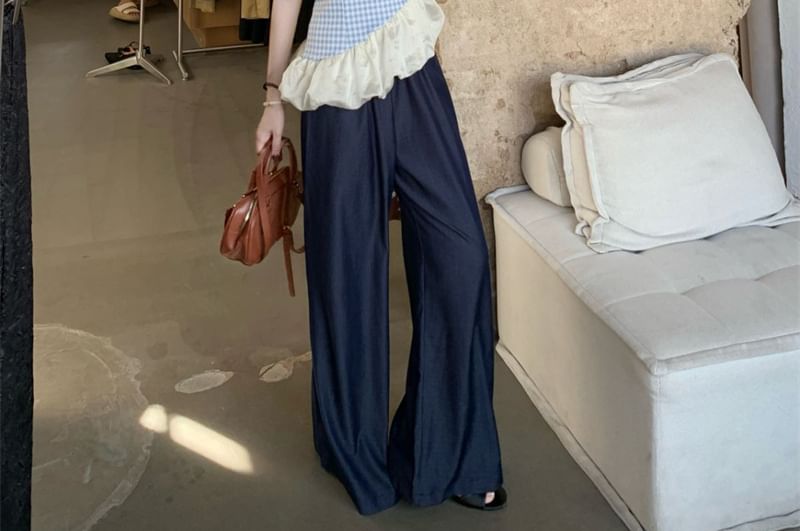 Wide High Plaid Asymmetrical / Leg Panel Washed Waist Cami Jeans Top
