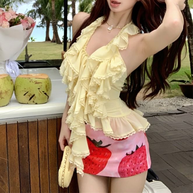 Print High Top Waist Ruffle Mini Halter Skirt Pencil Plain / Strawberry