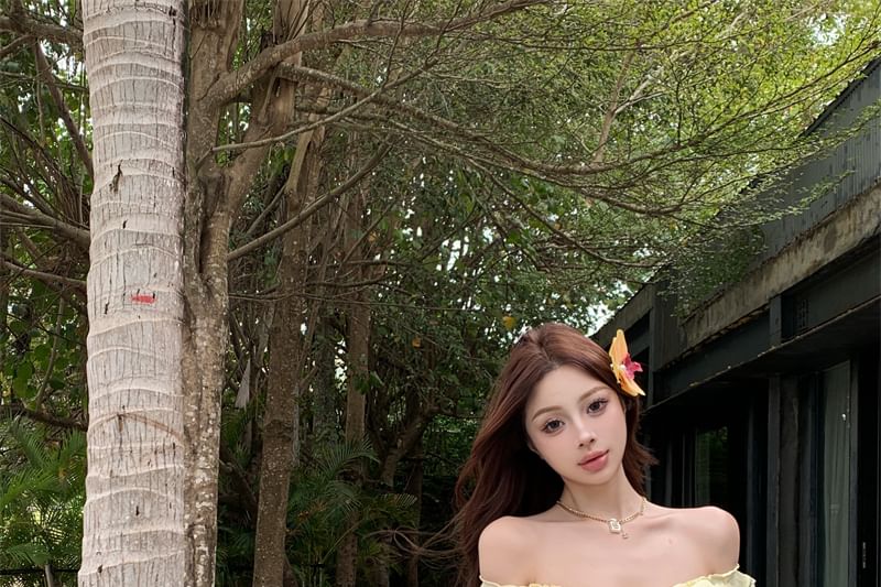 Print High Top Waist Ruffle Mini Halter Skirt Pencil Plain / Strawberry