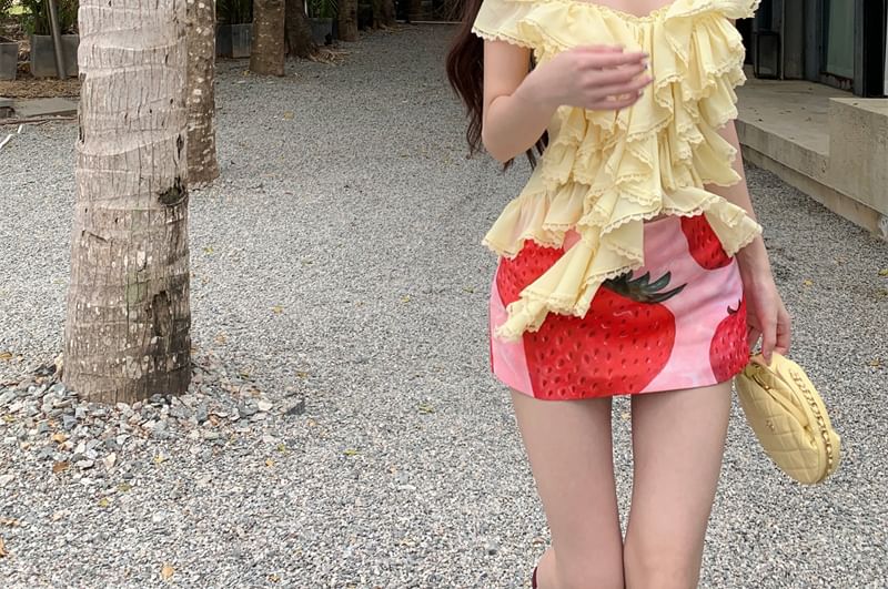 Print High Top Waist Ruffle Mini Halter Skirt Pencil Plain / Strawberry