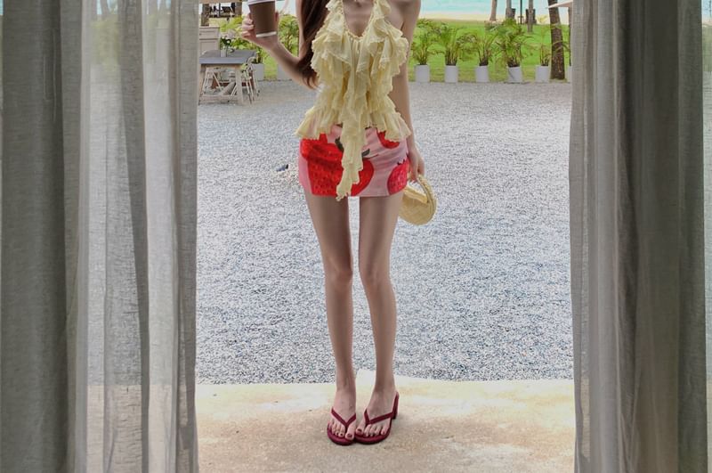 Print High Top Waist Ruffle Mini Halter Skirt Pencil Plain / Strawberry
