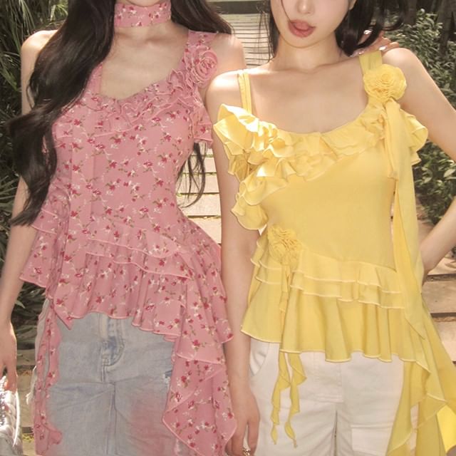 Plain Floral Asymmetrical Cami Ruffle Top Detail