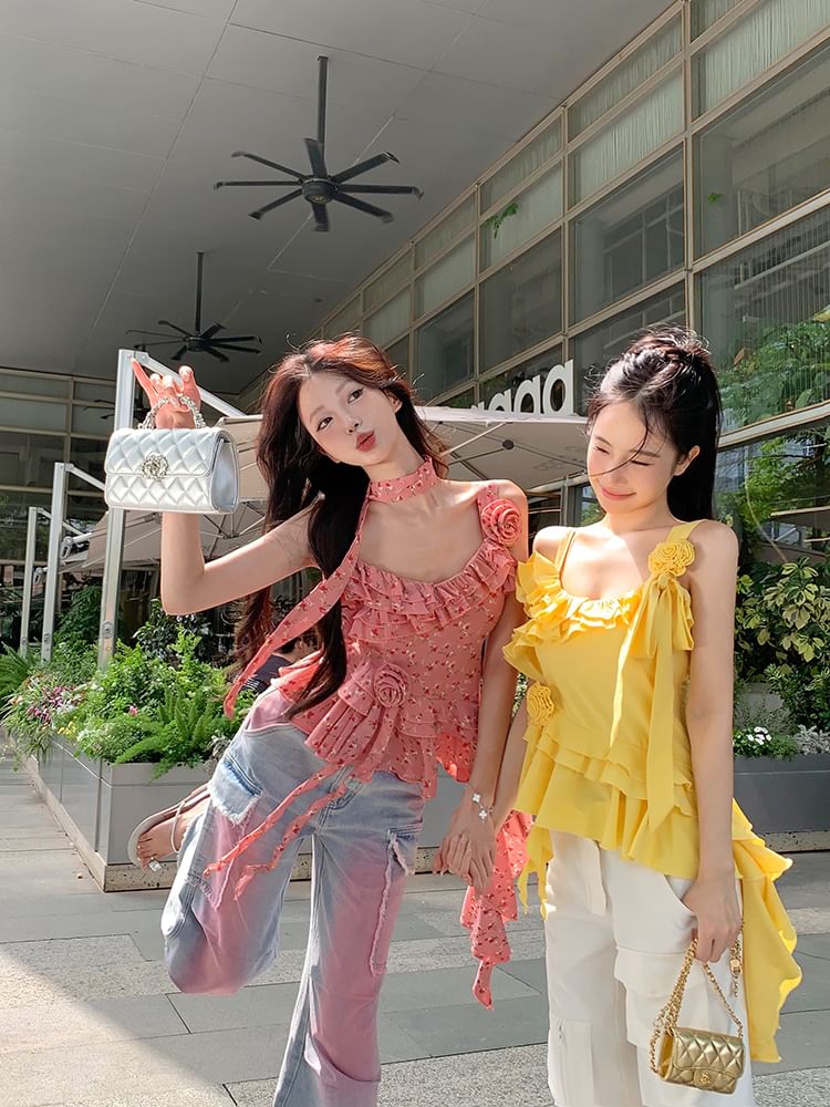 Plain Floral Asymmetrical Cami Ruffle Top Detail