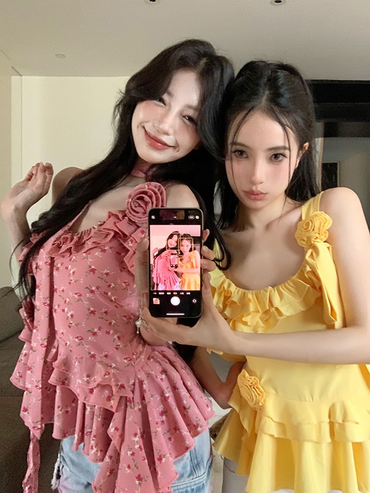 Plain Floral Asymmetrical Cami Ruffle Top Detail