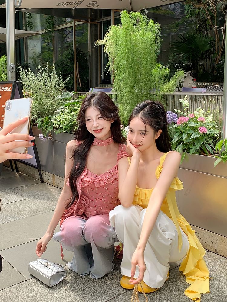 Plain Floral Asymmetrical Cami Ruffle Top Detail