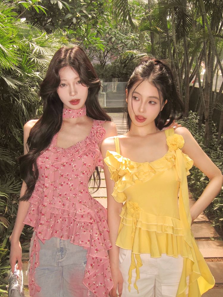 Plain Floral Asymmetrical Cami Ruffle Top Detail