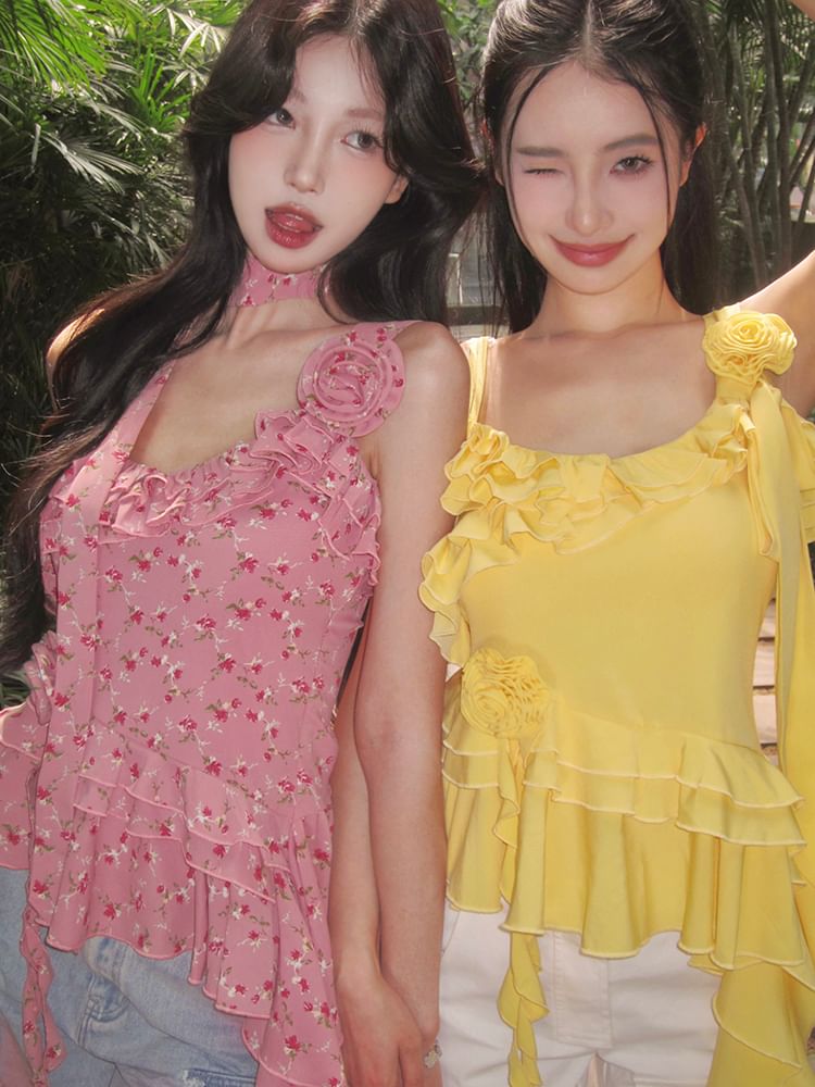 Plain Floral Asymmetrical Cami Ruffle Top Detail