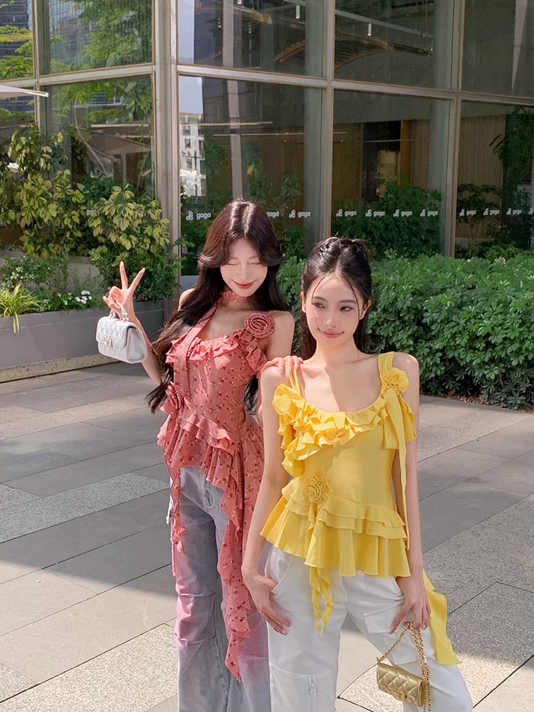 Plain Floral Asymmetrical Cami Ruffle Top Detail